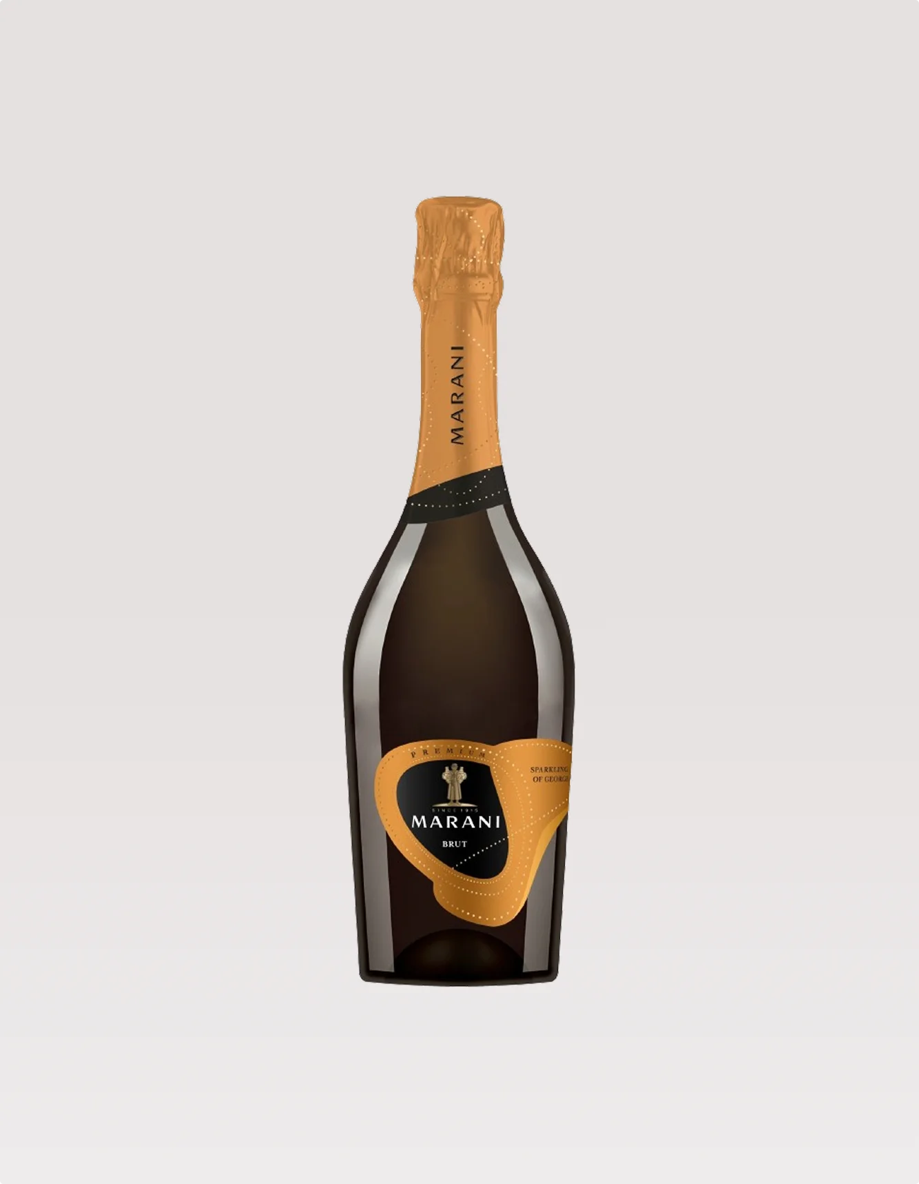 Bottle of Marani champagne with a gold foil cap on a light gray background